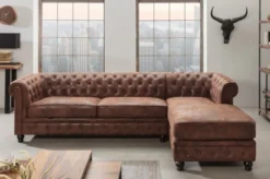 Casa Padrino Chesterfield Ecksofa Rechts Antik Braun - Microfaser Wohnzimmer Sofa - Chesterfield Wohnzimmer Möbel