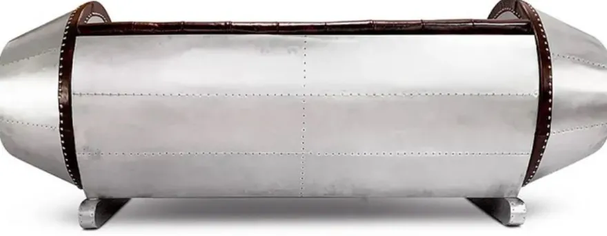 Casa Padrino Chesterfield Leder Sofa Silber / Braun 240 x 82 x H. 91 cm - Echtleder Wohnzimmer Sofa - Flugzeug Möbel - Flieger Möbel - Chesterfield Möbel - Wohnzimmer Möbel - Echtleder Möbel