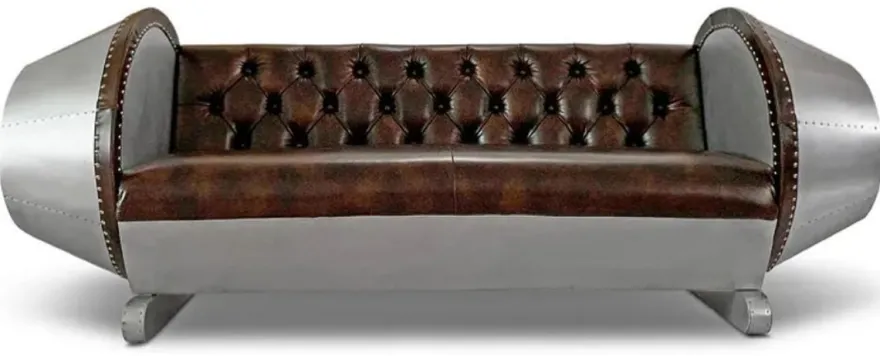 Casa Padrino Chesterfield Leder Sofa Silber / Braun 240 x 82 x H. 91 cm - Echtleder Wohnzimmer Sofa - Flugzeug Möbel - Flieger Möbel - Chesterfield Möbel - Wohnzimmer Möbel - Echtleder Möbel