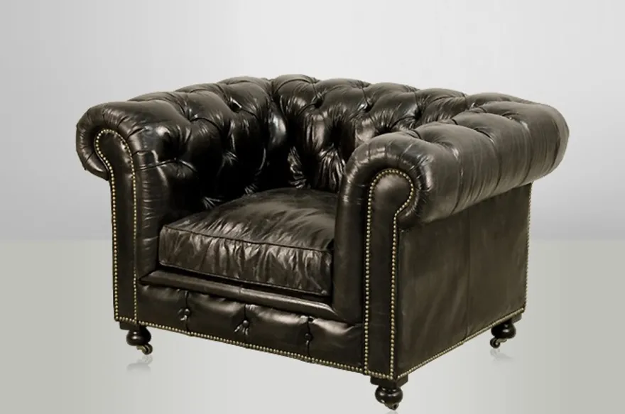 Casa Padrino Chesterfield Luxus Echtleder Sessel im Vintage Design, Farbe Ebony, Breite 123 cm