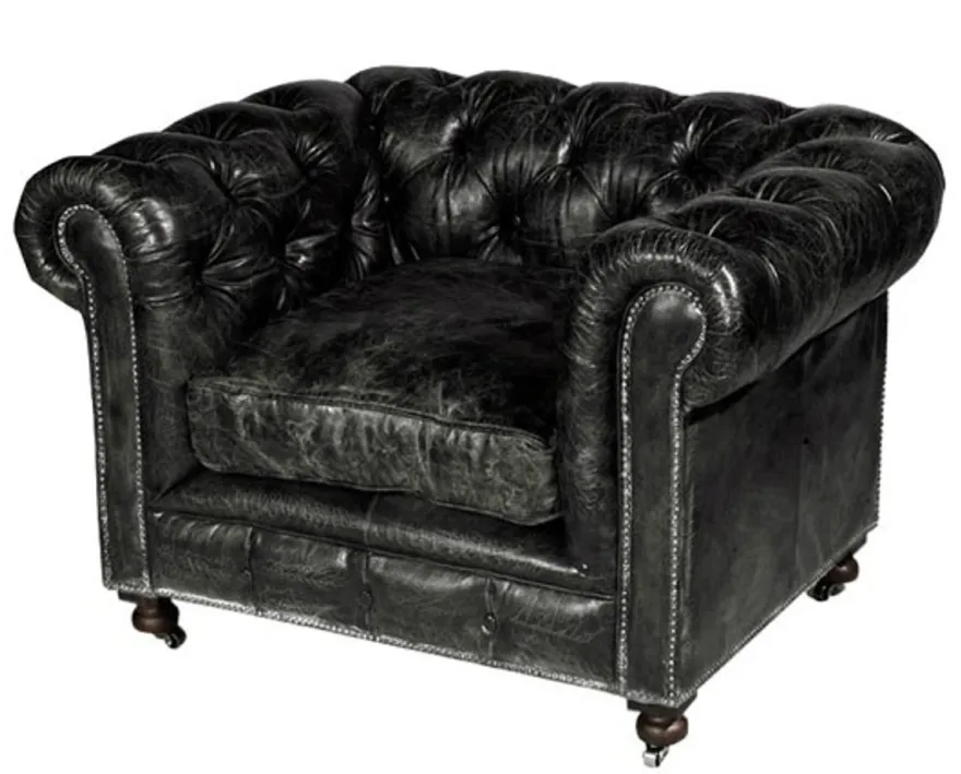 Casa Padrino Chesterfield Luxus Sessel Vintage Echtleder Kensington Schwarz 123 x 96 x 78 cm