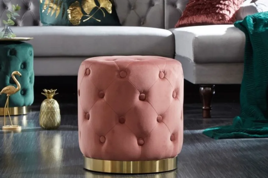 Casa Padrino Chesterfield Samt Hocker Altrosa / Gold Ø 36 x H. 40 cm - Runder Sitzhocker - Chesterfield Möbel
