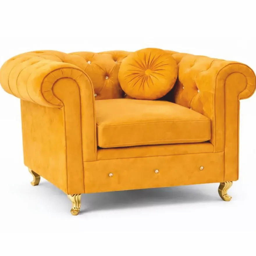 Casa Padrino Chesterfield Samt Sessel Gelb / Gold 107 cm - Wohnzimmer Möbel