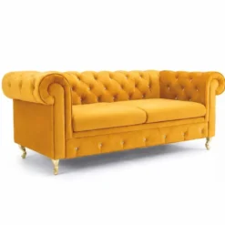 Casa Padrino Chesterfield Schlafsofa Gelb / Gold 212 cm - Wohnzimmer Möbel