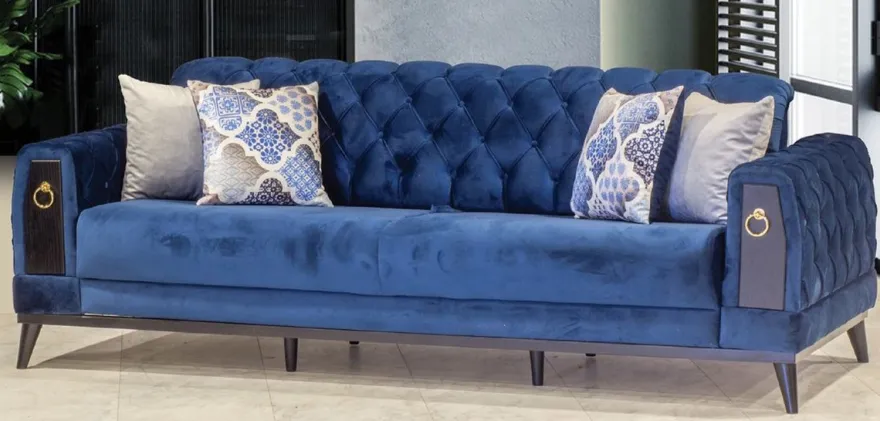 Casa Padrino Chesterfield Schlafsofa Blau / Schwarz / Gold 222 x 90 x H. 80 cm - Modernes Wohnzimmer Sofa - Chesterfield Möbel - Wohnzimmer Möbel