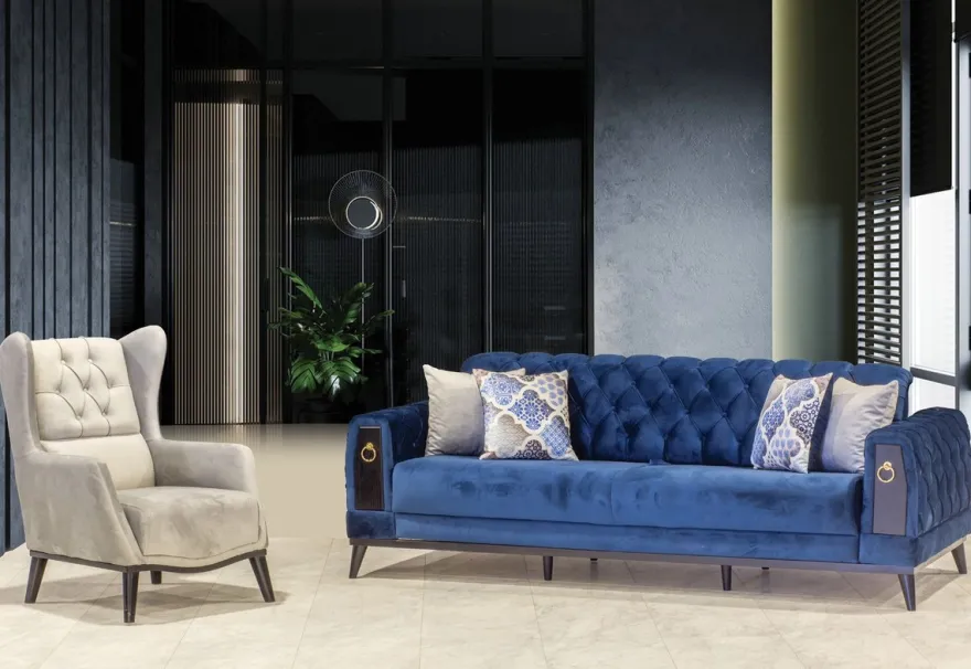 Casa Padrino Chesterfield Schlafsofa Blau / Schwarz / Gold 222 x 90 x H. 80 cm - Modernes Wohnzimmer Sofa - Chesterfield Möbel - Wohnzimmer Möbel