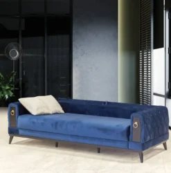 Casa Padrino Chesterfield Schlafsofa Blau / Schwarz / Gold 222 x 90 x H. 80 cm - Modernes Wohnzimmer Sofa - Chesterfield Möbel - Wohnzimmer Möbel