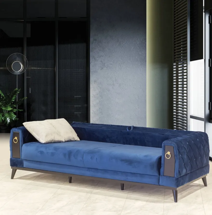 Casa Padrino Chesterfield Schlafsofa Blau / Schwarz / Gold 222 x 90 x H. 80 cm - Modernes Wohnzimmer Sofa - Chesterfield Möbel - Wohnzimmer Möbel
