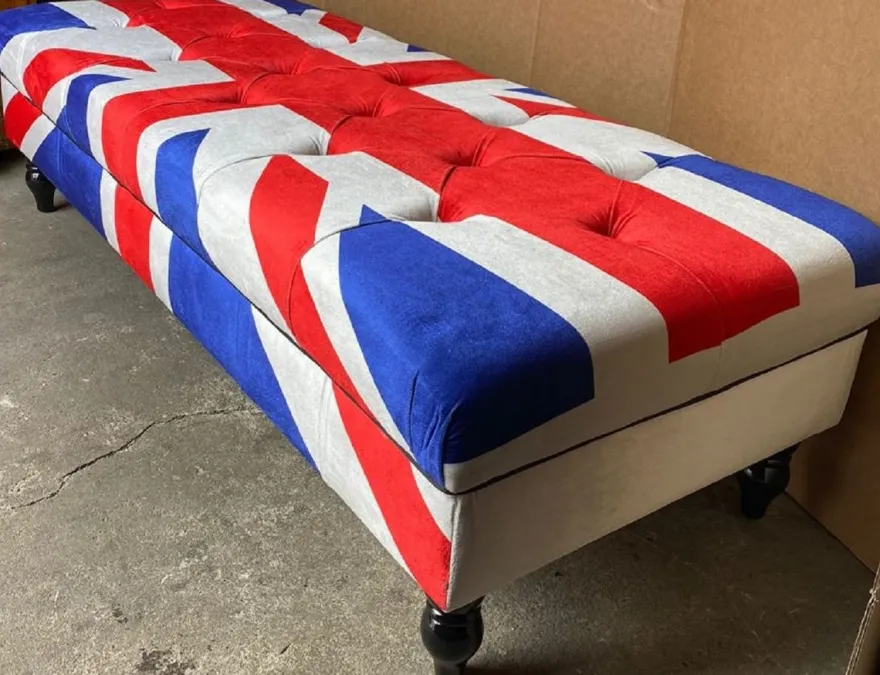 Casa Padrino Chesterfield Sitzbank mit England UK Flagge 160 x 65 x H. 43 cm - Chesterfield Wohnzimmer Bank - Chesterfield Wohnzimmer Möbel