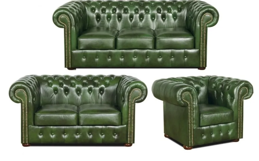 Casa Padrino Chesterfield Wohnzimmer 3er Set Grün - Luxus Echtleder Möbel