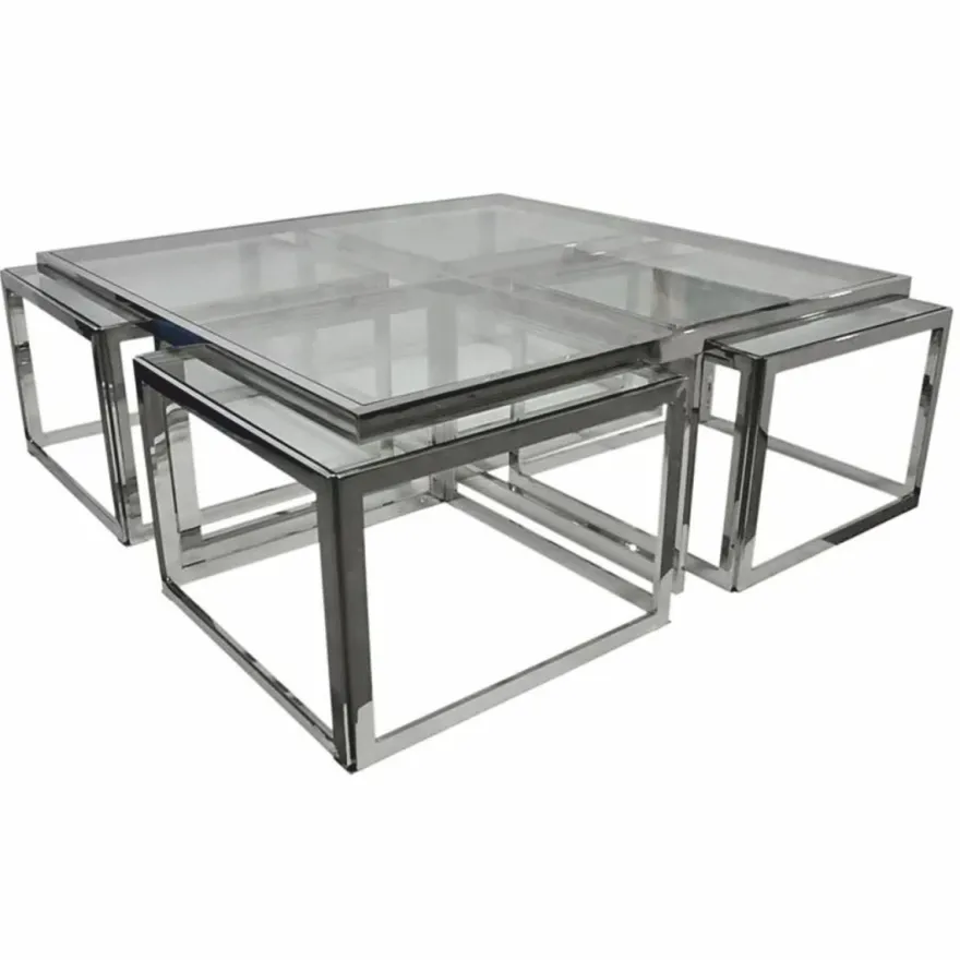 Casa Padrino Couchtisch mit 4 herausziehbaren Beistelltischen Silber 120 cm