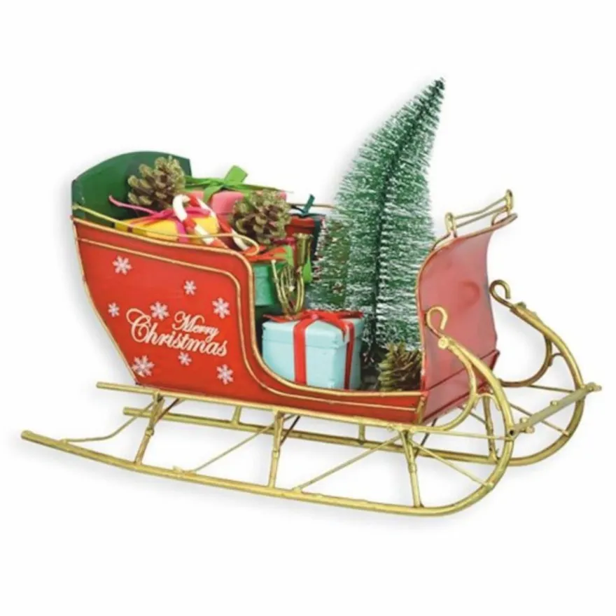 Casa Padrino Deko Blech Weihnachts Schlitten Rot / Grün / Gold 30 cm - Weihnachts Deko