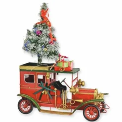 Casa Padrino Deko Blech Weihnachts Oldtimer Auto Rot / Grün / Gold H. 46,6 cm - Weihnachts Dekoration