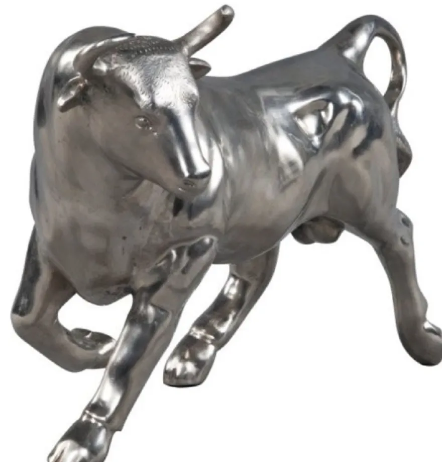 Casa Padrino Deko Bronzefigur Stier Silber 56 x 22 x H. 40 cm - Luxus Skulptur