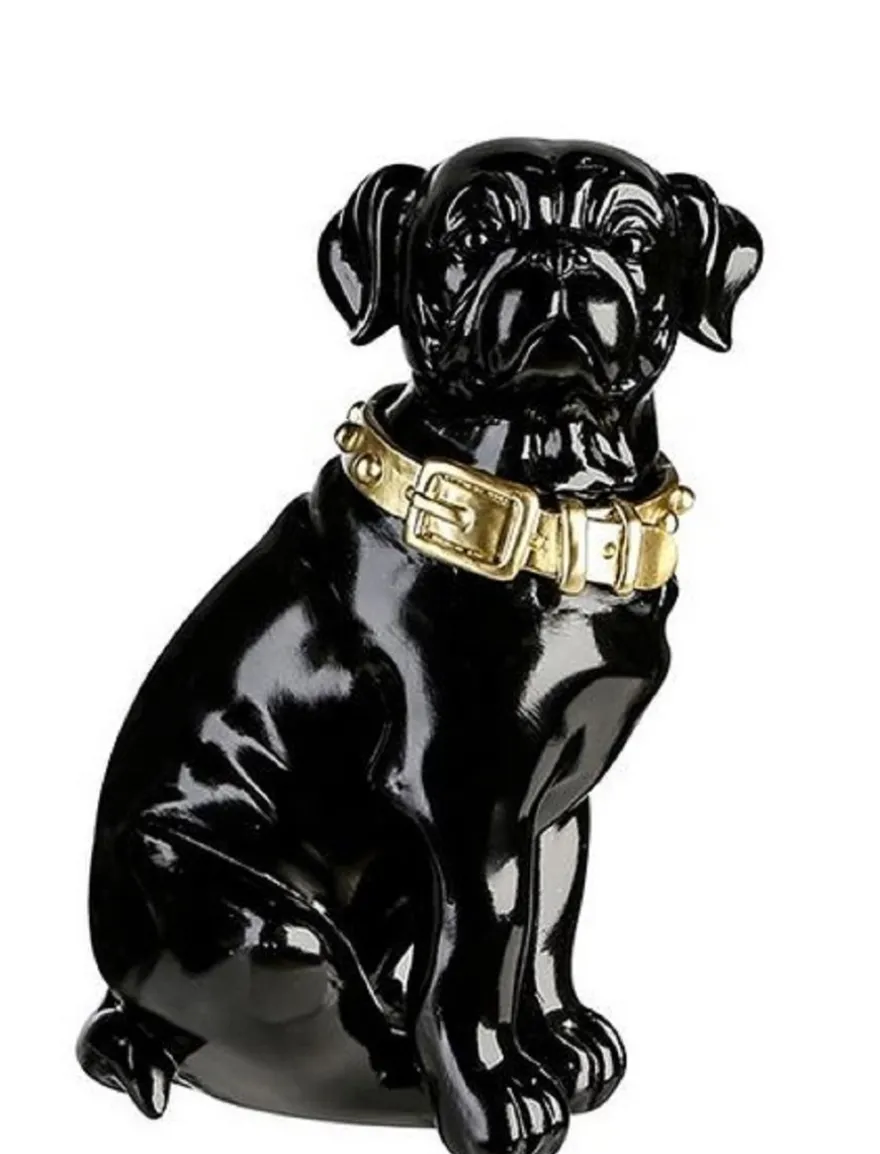 Casa Padrino Dekofigur Hund mit Halsband Schwarz glänzend / Gold 11 x 10 x H. 16 cm - Deko Accessoires
