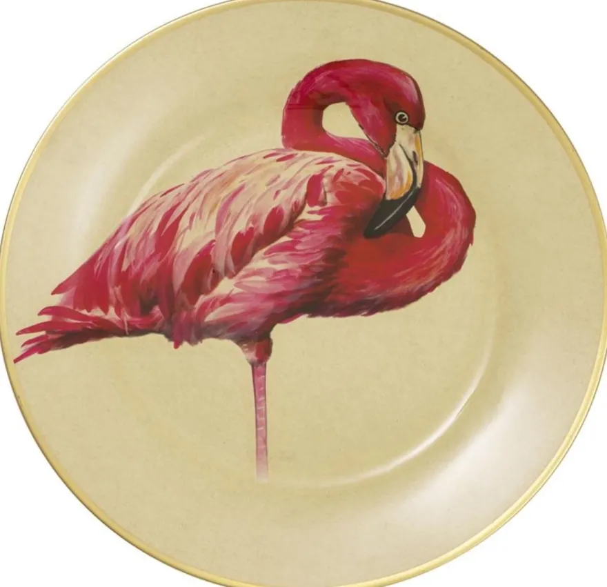 Casa Padrino Deko Porzellan Wandteller 8er Set Flamingos & Federn Mehrfarbig / Gold Ø 27 cm - Luxus Wanddeko