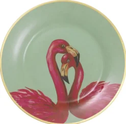Casa Padrino Deko Porzellan Wandteller 8er Set Flamingos & Federn Mehrfarbig / Gold Ø 27 cm - Luxus Wanddeko