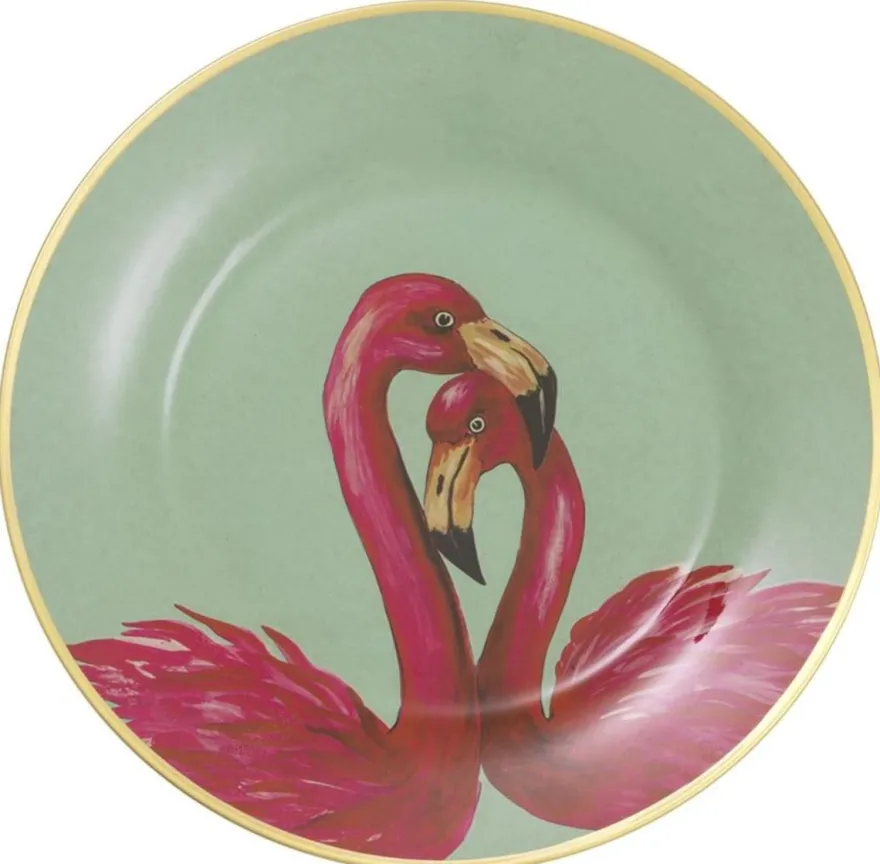 Casa Padrino Deko Porzellan Wandteller 8er Set Flamingos & Federn Mehrfarbig / Gold Ø 27 cm - Luxus Wanddeko