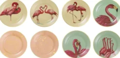 Casa Padrino Deko Porzellan Wandteller 8er Set Flamingos & Federn Mehrfarbig / Gold Ø 27 cm - Luxus Wanddeko