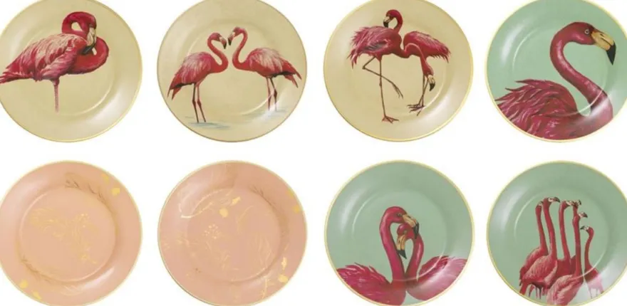Casa Padrino Deko Porzellan Wandteller 8er Set Flamingos & Federn Mehrfarbig / Gold Ø 27 cm - Luxus Wanddeko