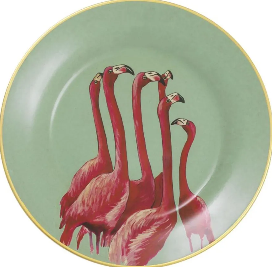 Casa Padrino Deko Porzellan Wandteller 8er Set Flamingos & Federn Mehrfarbig / Gold Ø 27 cm - Luxus Wanddeko