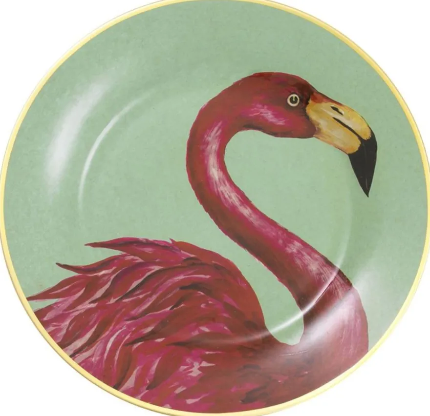 Casa Padrino Deko Porzellan Wandteller 8er Set Flamingos & Federn Mehrfarbig / Gold Ø 27 cm - Luxus Wanddeko
