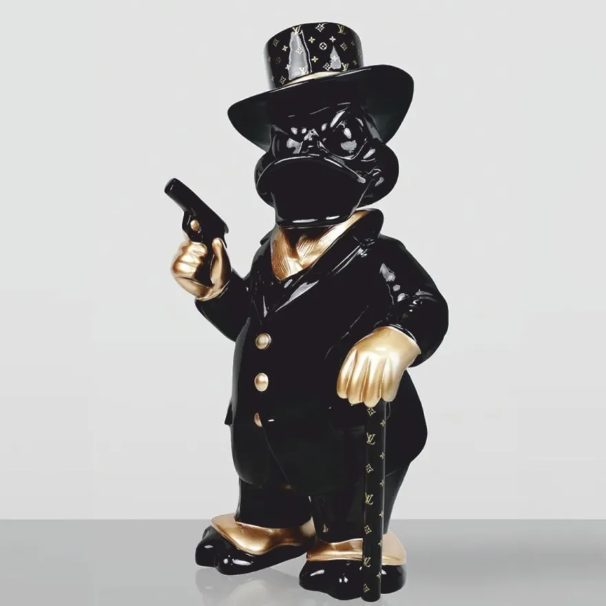 Casa Padrino Deko Skulptur Ente Schwarz / Gold H. 120 cm - Große Garten Deko Figur