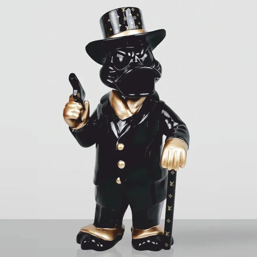 Casa Padrino Deko Skulptur Ente Schwarz / Gold H. 120 cm - Große Garten Deko Figur