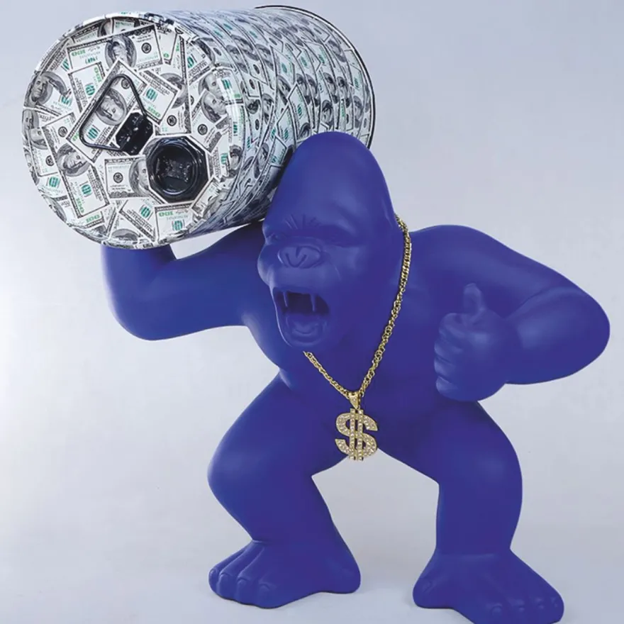 Casa Padrino Deko Skulptur Gorilla mit Fass Blau H. 110 cm - Große Deko Figur