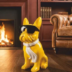 Casa Padrino Deko Skulptur Hund Bulldogge Gelb / Weiß / Schwarz H. 80 cm - Große Deko Figur - Wohnzimmer & Garten Deko