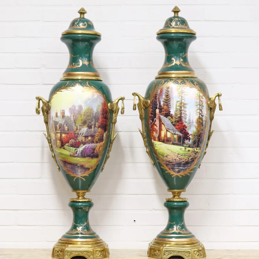 Casa Padrino Deko Vasen Grün / Gold 30 x H. 100 cm - Barockstil Porzellan Vasen Set