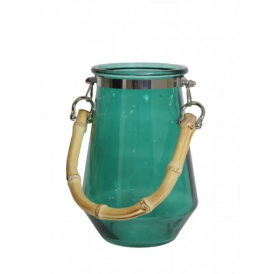 Casa Padrino Deko Windlicht mit Bambusgriff, Luxus Glas Windlicht in Dunkelgrün, Durchmesser 14 cm, Höhe 20 cm