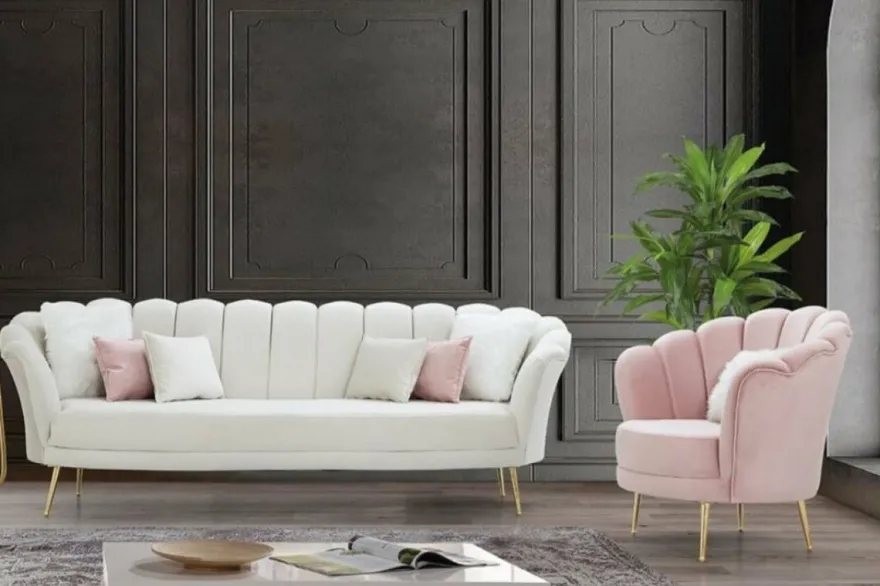 Casa Padrino Designer Art Deco Wohnzimmer Set Creme / Rosa / Gold - 2 Sofas & 2 Sessel - Wohnzimmer Möbel - Art Deco Möbel