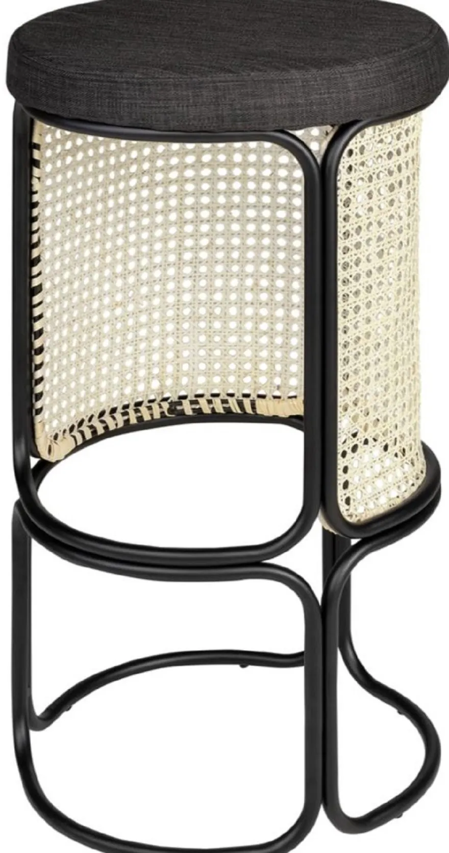 Casa Padrino Designer Barhocker Schwarz / Naturfarben Ø 40,5 x H. 75,5 cm - Runder gepolsterter Barstuhl mit edlem Rattangeflecht und pulverbeschichtetem Stahlrahmen