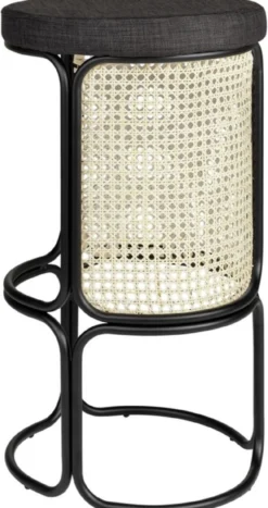 Casa Padrino Designer Barhocker Schwarz / Naturfarben Ø 40,5 x H. 75,5 cm - Runder gepolsterter Barstuhl mit edlem Rattangeflecht und pulverbeschichtetem Stahlrahmen