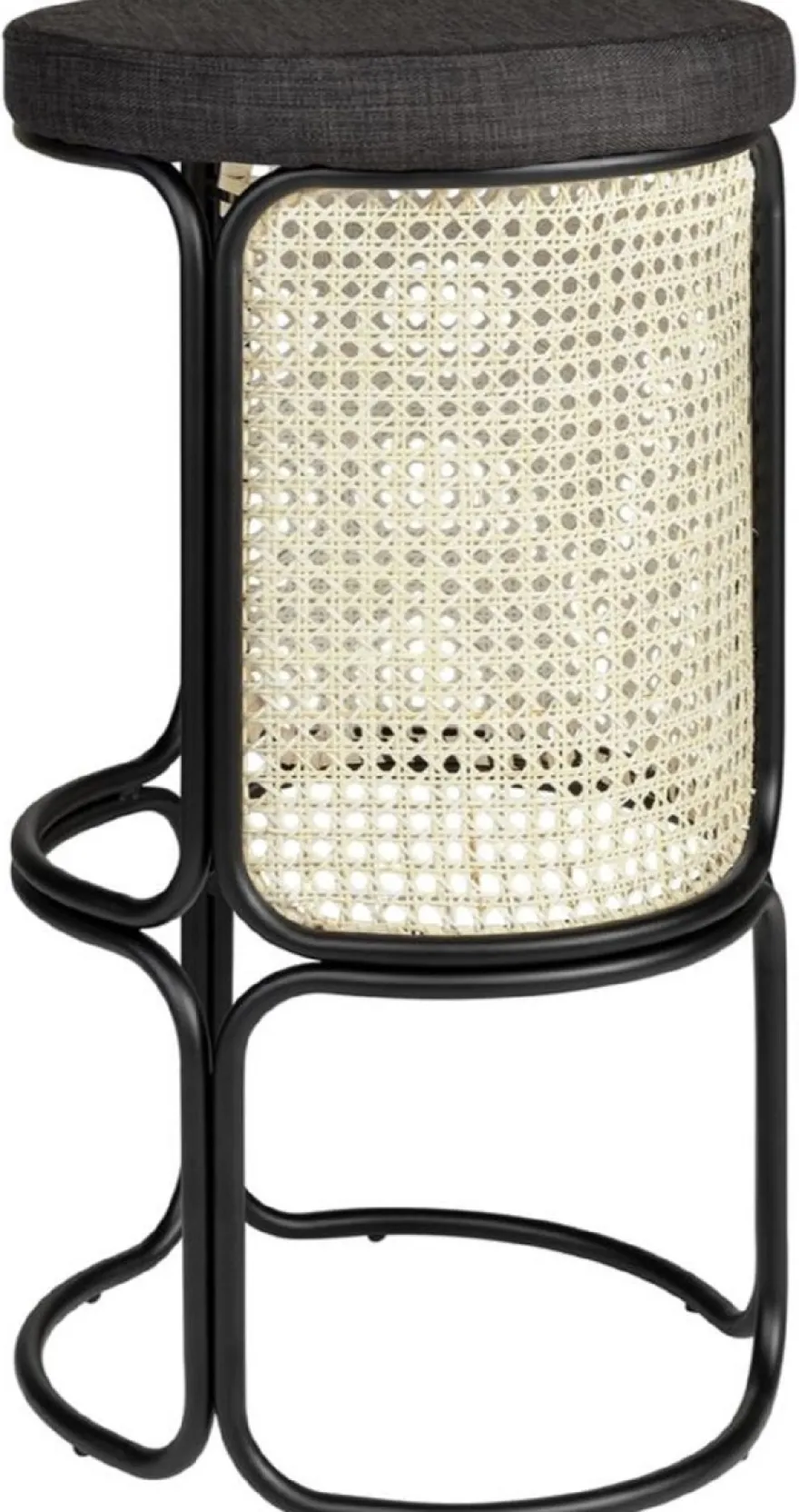 Casa Padrino Designer Barhocker Schwarz / Naturfarben Ø 40,5 x H. 75,5 cm - Runder gepolsterter Barstuhl mit edlem Rattangeflecht und pulverbeschichtetem Stahlrahmen