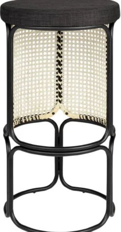 Casa Padrino Designer Barhocker Schwarz / Naturfarben Ø 40,5 x H. 75,5 cm - Runder gepolsterter Barstuhl mit edlem Rattangeflecht und pulverbeschichtetem Stahlrahmen
