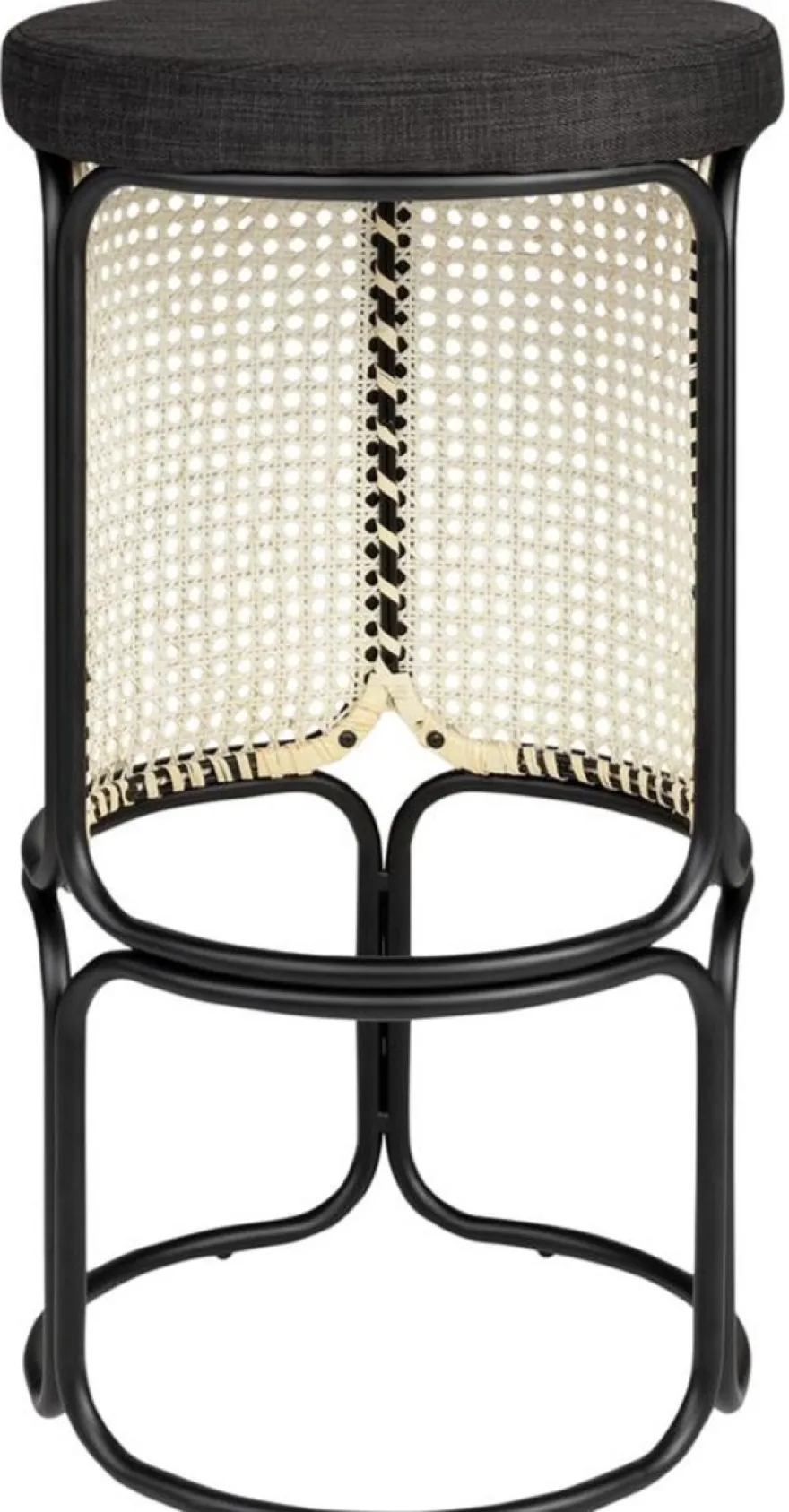 Casa Padrino Designer Barhocker Schwarz / Naturfarben Ø 40,5 x H. 75,5 cm - Runder gepolsterter Barstuhl mit edlem Rattangeflecht und pulverbeschichtetem Stahlrahmen