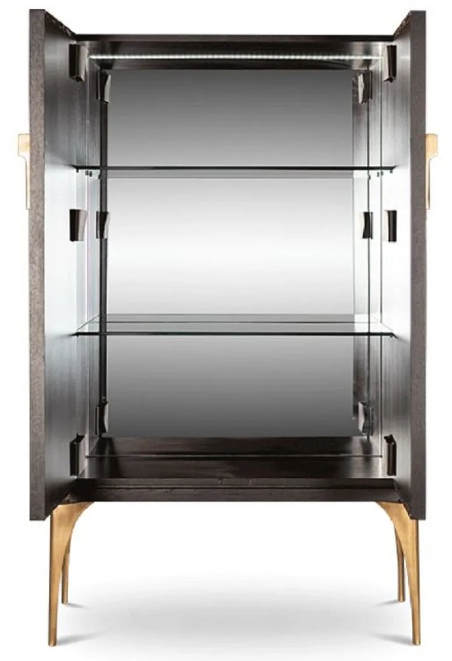 Casa Padrino Designer Barschrank Dunkelbraun / Gold / Messing 100 x 46 x H. 166 cm - Massivholz Schrank mit 2 Türen - Wohnzimmer Möbel - Hotel Möbel - Luxus Kollektion