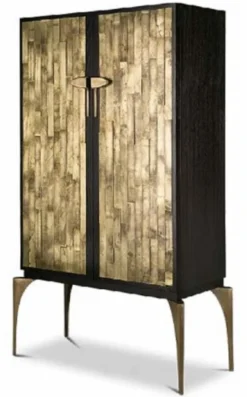 Casa Padrino Designer Barschrank Dunkelbraun / Gold / Messing 100 x 46 x H. 166 cm - Massivholz Schrank mit 2 Türen - Wohnzimmer Möbel - Hotel Möbel - Luxus Kollektion