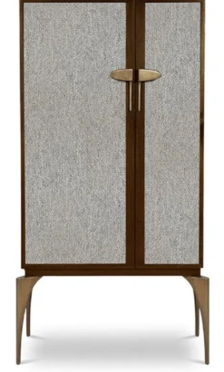 Casa Padrino Designer Barschrank Braun / Grau / Messing 90 x 50 x H. 160 cm - Massivholz Schrank mit 2 Türen - Wohnzimmer Möbel - Hotel Möbel - Luxus Kollektion