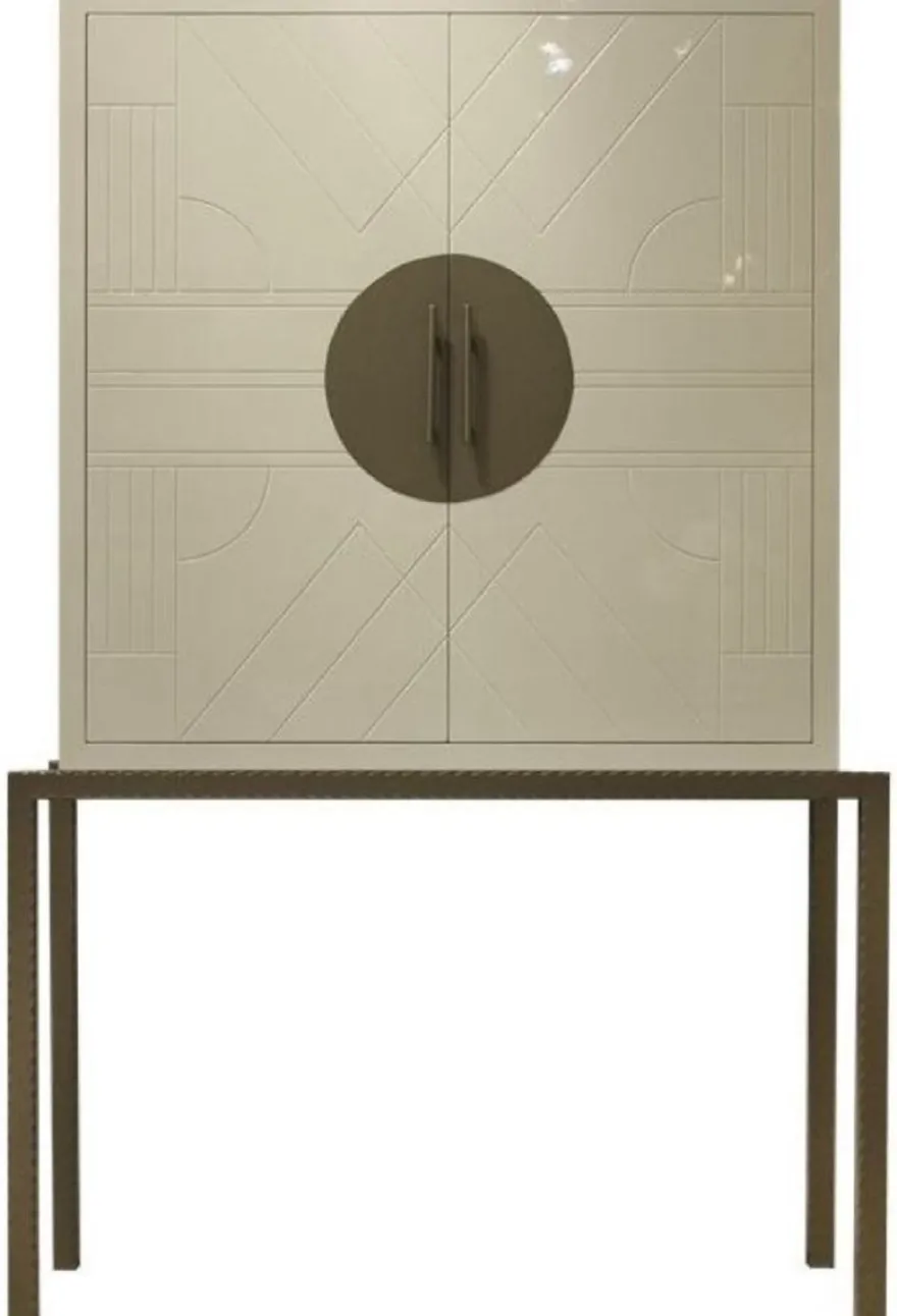 Casa Padrino Designer Barschrank Creme / Messing 120 x 40 x H. 190 cm - Edler Weinschrank mit hochwertigen Keramikfliesen - Bar Möbel - Hotel Möbel - Luxus Qualität