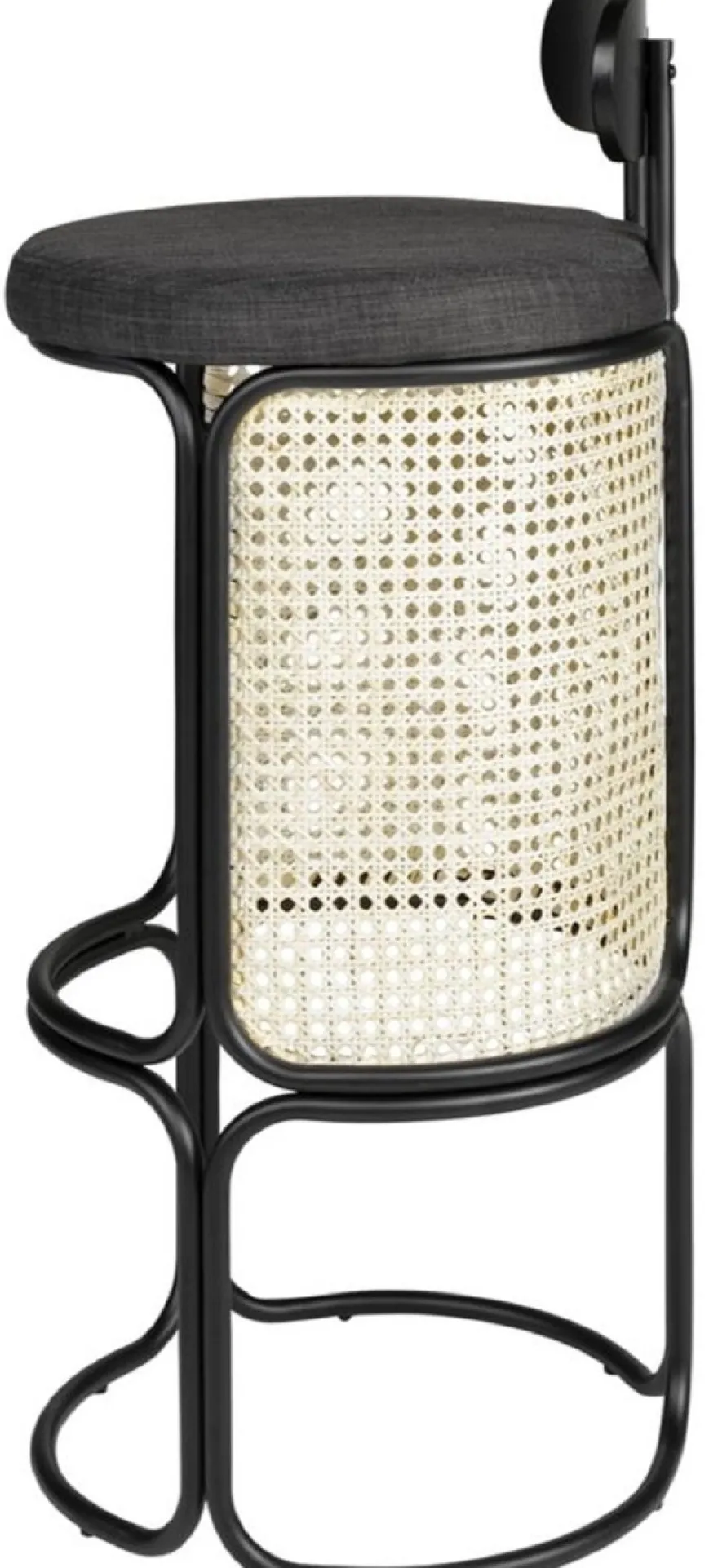 Casa Padrino Designer Barstuhl mit Rückenlehne Schwarz / Naturfarben Ø 40,5 x H. 90 cm - Runder gepolsterter Barhocker mit edlem Rattangeflecht und pulverbeschichtetem Stahlrahmen