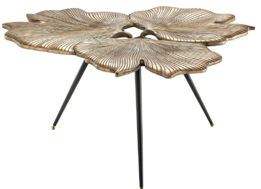 Casa Padrino Designer Beistelltisch Vintage Messingfarben / Schwarz / Gold 75 x 64 x H. 38,5 cm - Aluminium Tisch im Ginkgoblätter Design - Luxus Qualität