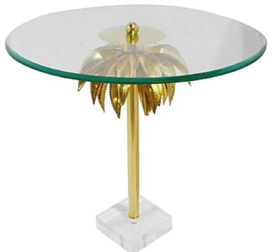 Casa Padrino Designer Beistelltisch Palme Messing Ø 55 x H. 55 cm - Runder Stahl Tisch mit Glasplatte und Acryl Fuß - Wohnzimmer Möbel
