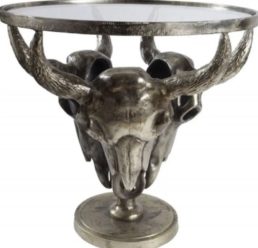 Casa Padrino Designer Couchtisch Antik Bronze Ø 56 x H. 53 cm - Runder Wohnzimmertisch mit 3 dekorativen Stierköpfen und Glasplatte - Wohnzimmer Möbel