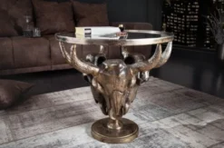 Casa Padrino Designer Couchtisch Antik Bronze Ø 56 x H. 53 cm - Runder Wohnzimmertisch mit 3 dekorativen Stierköpfen und Glasplatte - Wohnzimmer Möbel
