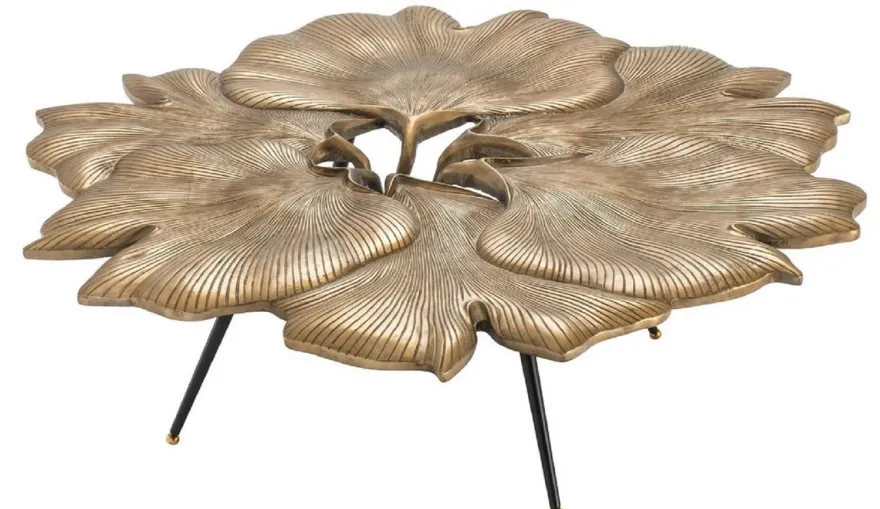 Casa Padrino Designer Couchtisch Vintage Messingfarben / Schwarz / Gold 98 x 92 x H. 29 cm - Wohnzimmertisch im Ginkgoblätter Design - Luxus Qualität