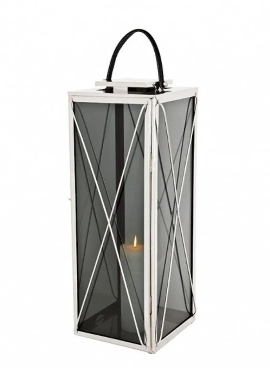 Casa Padrino Designer Deco Laterne Nickel Finish 30 x 30 x H. 83 cm - Luxus Laterne aus Edelstahl und Glas