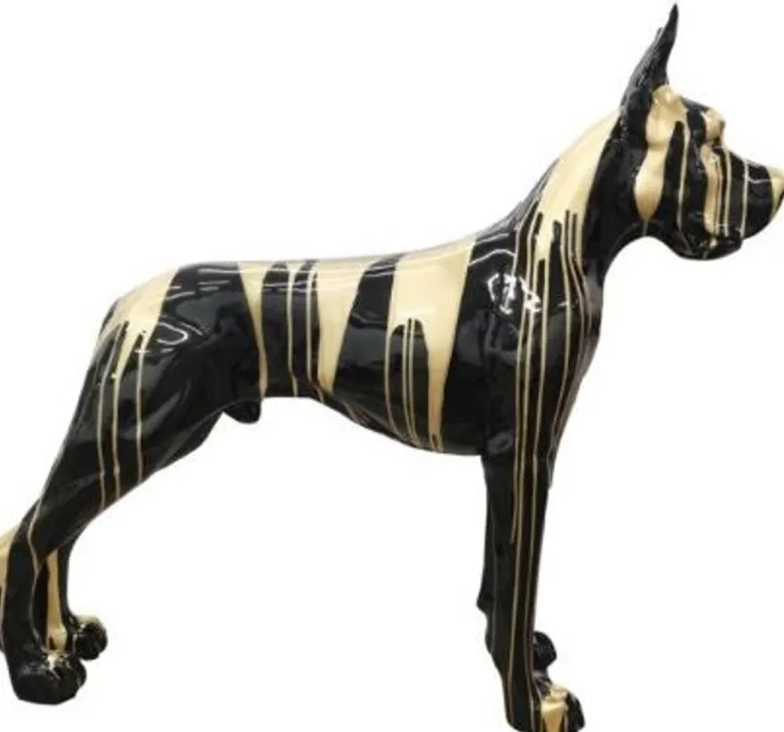 Casa Padrino Designer Dekofigur Hund Deutsche Dogge Schwarz / Gold 125 x H. 110 cm - Lebensgroße Deko Skulptur - Wetterbeständige Tierfigur